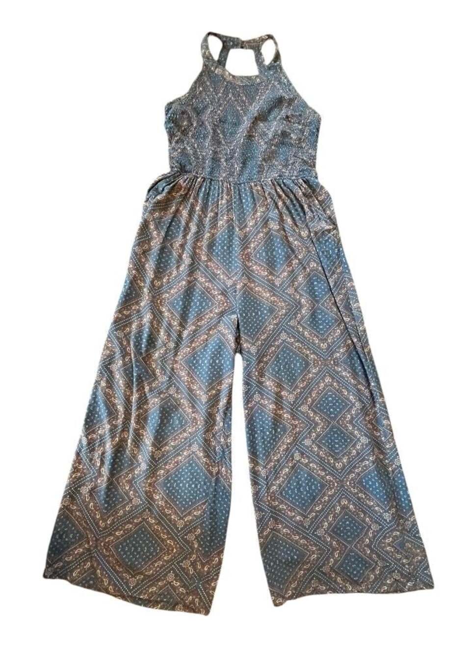 Cotton & Rye Outfitters Women's Blue Paisley Smocked Halter Wide-Leg Jumpsuit